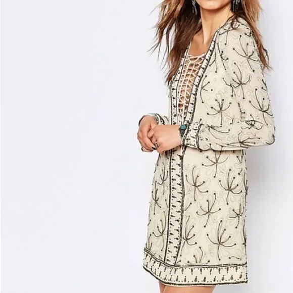 Free People Sicily Ivory beaded dress cream white statement beaded dress size 12 - Picture 6 of 7
